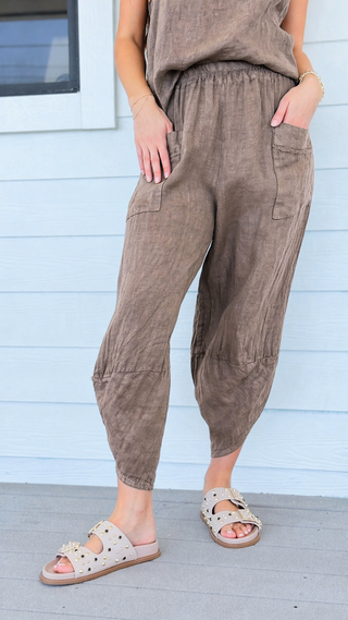 La Spezia Barrel Linen Italian Pant- Taupe