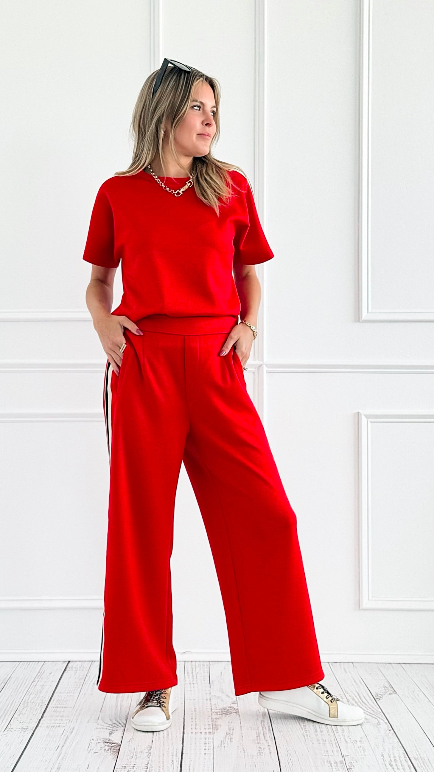 Striped Down Line Wide-Leg Pant Set - Red-210 Loungewear/sets-Jodifl-Coastal Bloom Boutique, find the trendiest versions of the popular styles and looks Located in Indialantic, FL