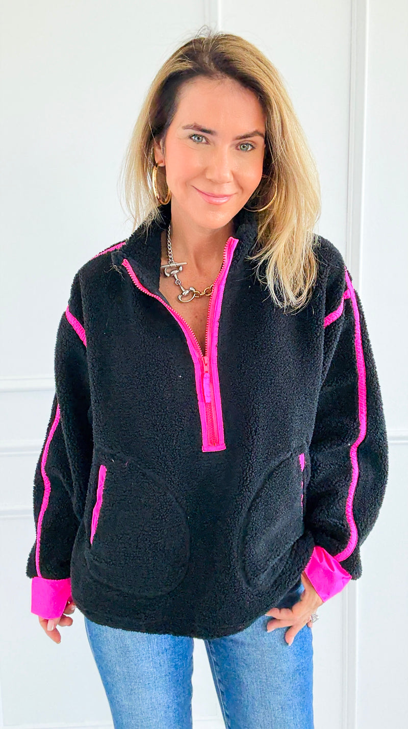 Glow Getter Sherpa Zip Sweatshirt - Black/Neon Pink-130 Long Sleeve Tops-BIBI-Coastal Bloom Boutique, find the trendiest versions of the popular styles and looks Located in Indialantic, FL