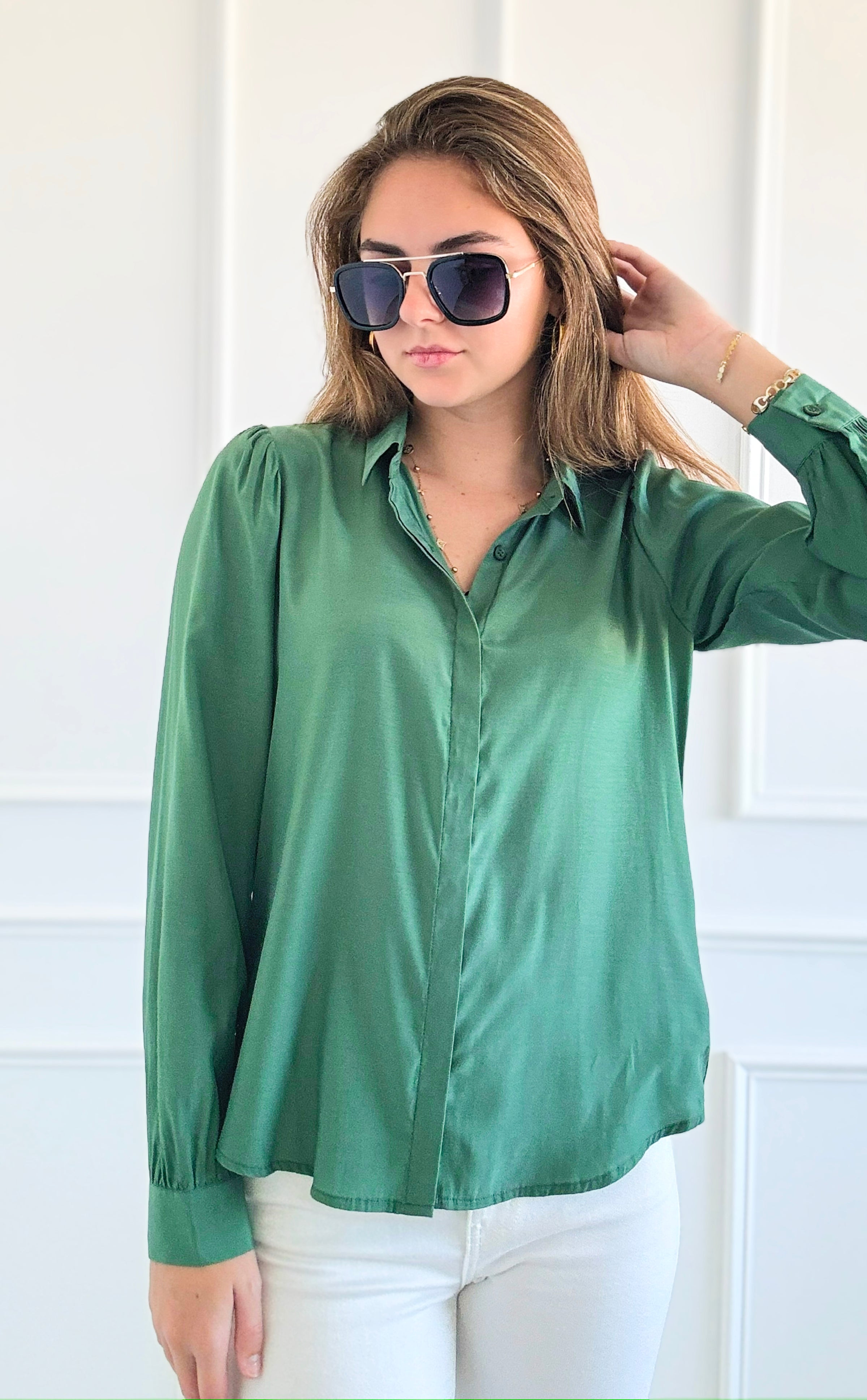 Golden Hour Satin Top - Hunter Green-130 Long Sleeve Tops-Must Have-Coastal Bloom Boutique, find the trendiest versions of the popular styles and looks Located in Indialantic, FL