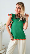 Icing Trim Ruffled Textured Knit Top - Green/Orange-110 Short Sleeve Tops-Jodifl-Coastal Bloom Boutique, find the trendiest versions of the popular styles and looks Located in Indialantic, FL
