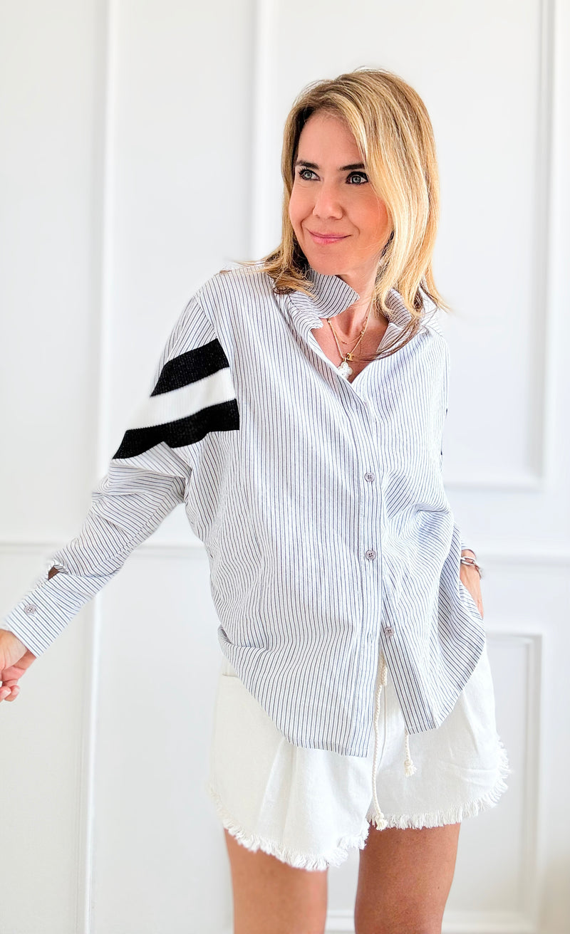 Contrast Striped Printed Shirt Blouse - White/Blue-130 Long Sleeve Tops-BucketList-Coastal Bloom Boutique, find the trendiest versions of the popular styles and looks Located in Indialantic, FL