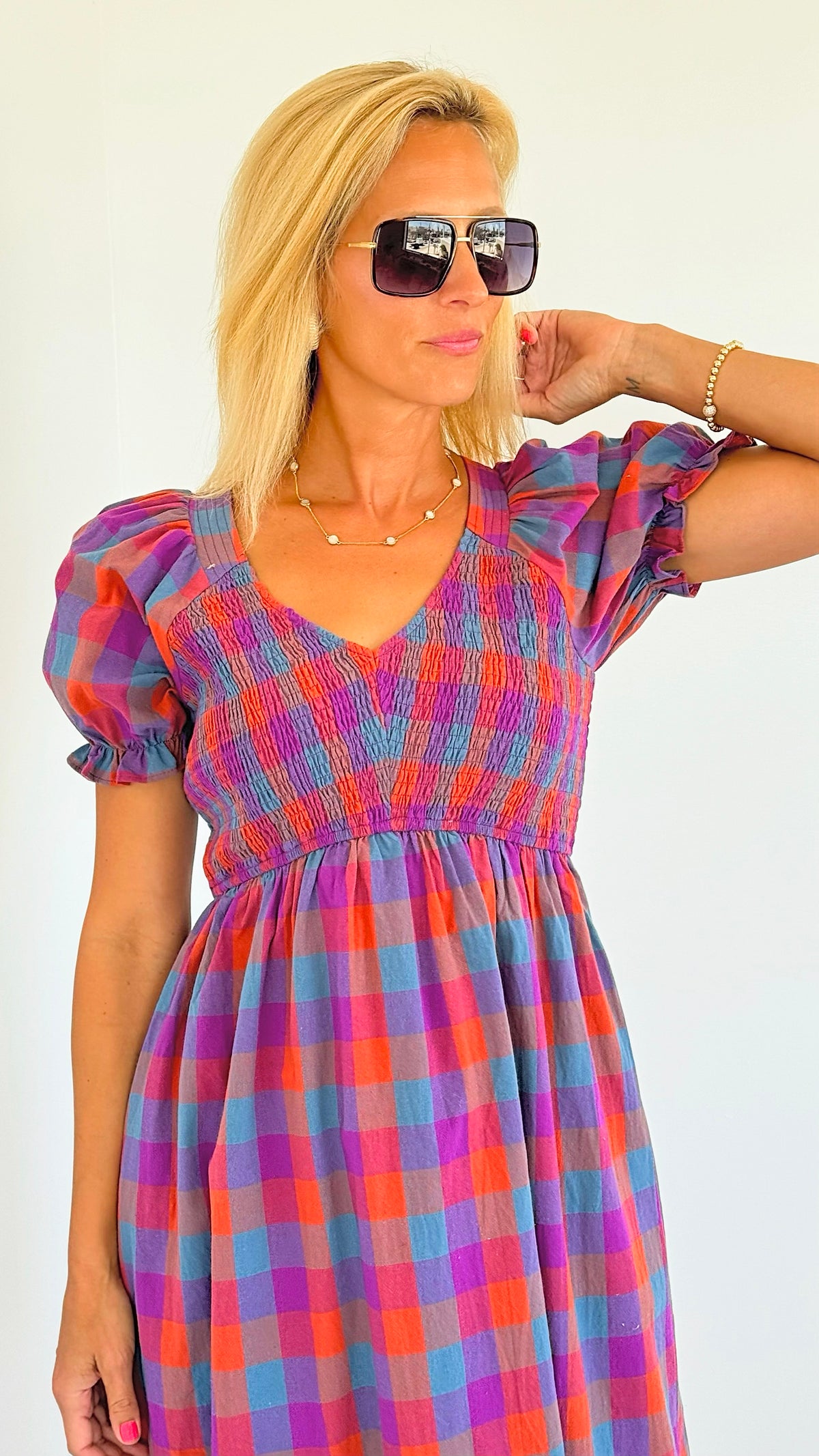 Plaid Puff Sleeves Midi Dress-200 Dresses/Jumpsuits/Rompers-Jodifl-Coastal Bloom Boutique, find the trendiest versions of the popular styles and looks Located in Indialantic, FL