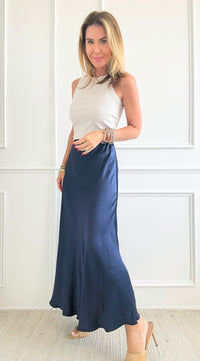 Brooklyn Italian Satin Midi Skirt - Navy-170 Bottoms-Italianissimo-Coastal Bloom Boutique, find the trendiest versions of the popular styles and looks Located in Indialantic, FL