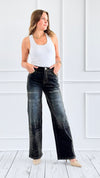 Velvet Wide-Leg Denim Pants - Army Green-170 Bottoms-JJ'S FAIRYLAND-Coastal Bloom Boutique, find the trendiest versions of the popular styles and looks Located in Indialantic, FL