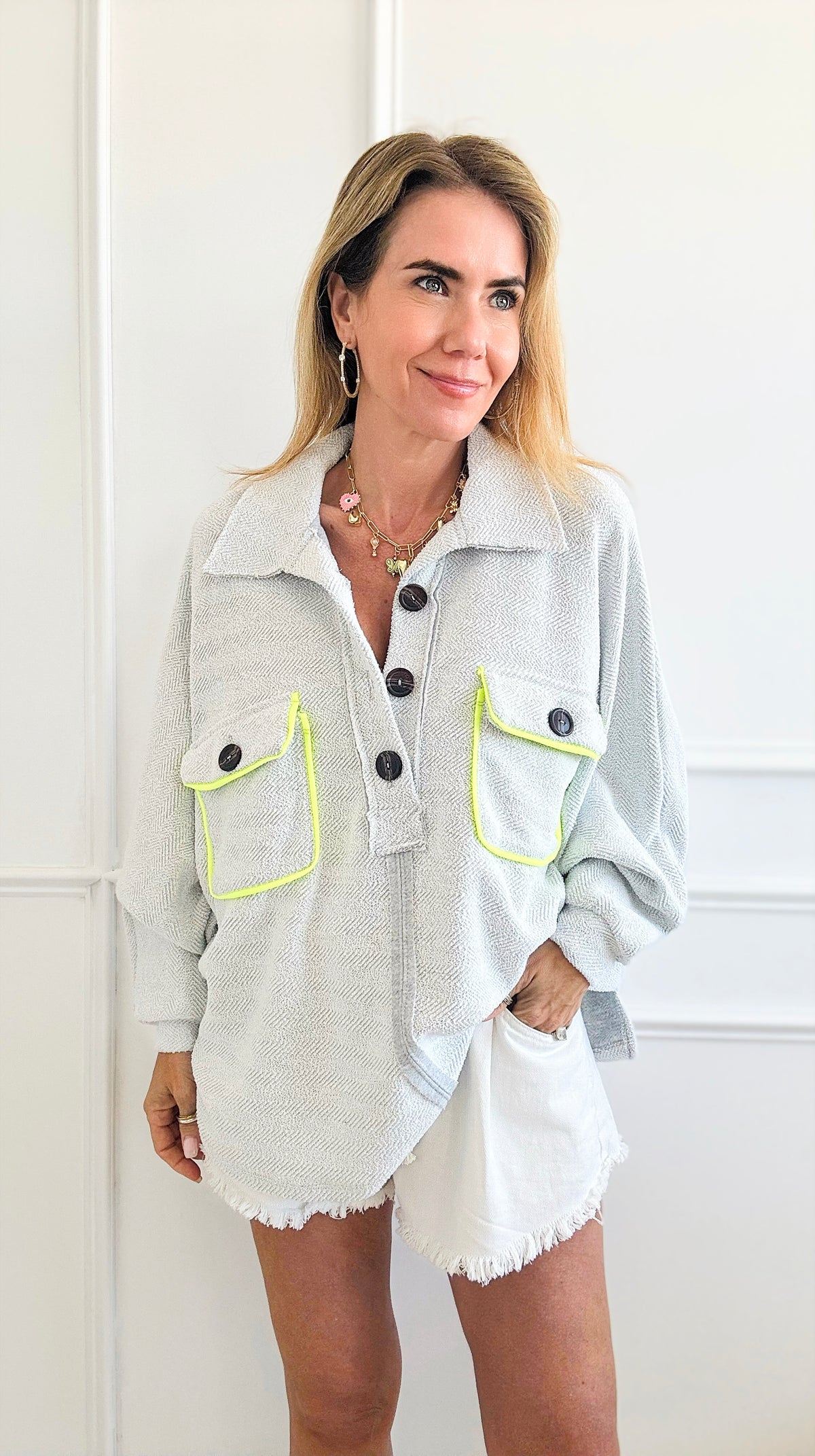 Contrast Detailed Oversized Sweatshirt Top - H.Grey/ Neon Yellow-130 Long Sleeve Tops-BucketList-Coastal Bloom Boutique, find the trendiest versions of the popular styles and looks Located in Indialantic, FL