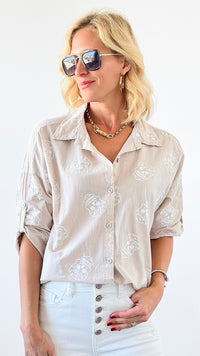 Skull Print Button-Up Blouse-110 Short Sleeve Tops-VENTI6 OUTLET-Coastal Bloom Boutique, find the trendiest versions of the popular styles and looks Located in Indialantic, FL