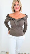 Whimsical Ruffle Italian Pullover- Dark Taupe-100 Sleeveless Tops-Italianissimo-Coastal Bloom Boutique, find the trendiest versions of the popular styles and looks Located in Indialantic, FL