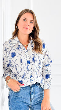 Mermaid & Shell Printed Blouse-150 Cardigans/Layers-Bailey Rose-Coastal Bloom Boutique, find the trendiest versions of the popular styles and looks Located in Indialantic, FL