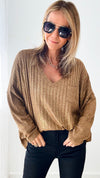Shimmer and Shine V-Neck Italian Ribbed Pullover - Camel-140 Sweaters-Germany-Coastal Bloom Boutique, find the trendiest versions of the popular styles and looks Located in Indialantic, FL