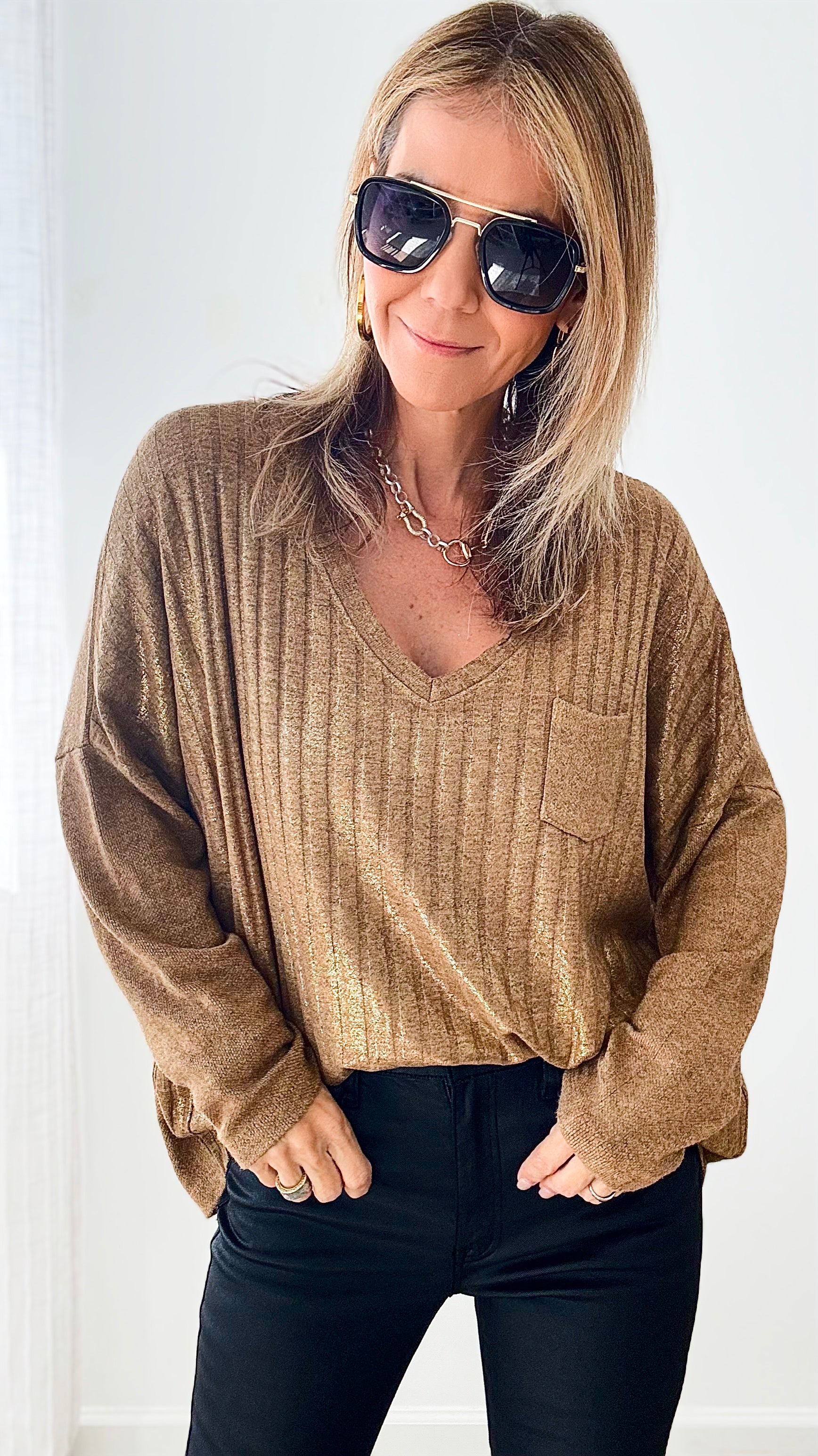 Shimmer and Shine V-Neck Italian Ribbed Pullover - Camel-140 Sweaters-Germany-Coastal Bloom Boutique, find the trendiest versions of the popular styles and looks Located in Indialantic, FL