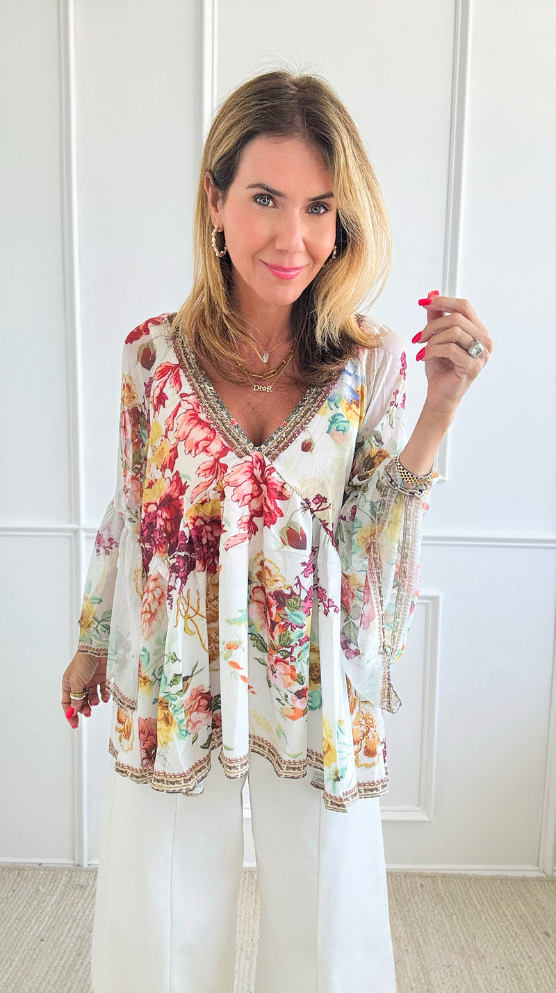 Floral Printed Embroidered Tunic Top-130 Long Sleeve Tops-LA ROS-Coastal Bloom Boutique, find the trendiest versions of the popular styles and looks Located in Indialantic, FL