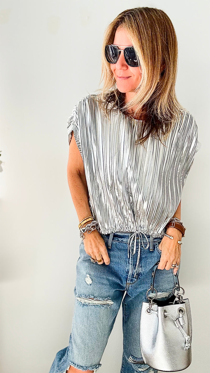 Metallic Silver Pleated Tie Waist Blouse - Silver-110 Short Sleeve Tops-Glam-Coastal Bloom Boutique, find the trendiest versions of the popular styles and looks Located in Indialantic, FL