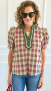 Checked Charm Puff Sleeve Top - Taupe-110 Short Sleeve Tops-entro-Coastal Bloom Boutique, find the trendiest versions of the popular styles and looks Located in Indialantic, FL