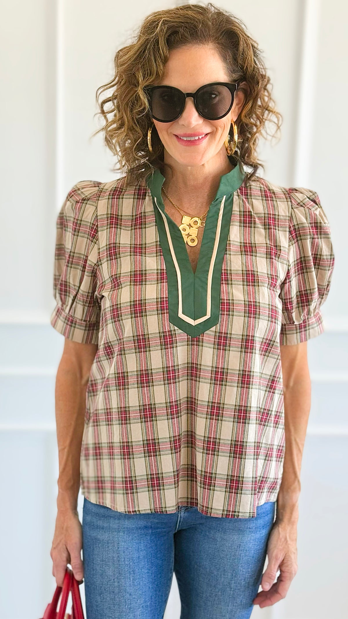 Checked Charm Puff Sleeve Top - Taupe-110 Short Sleeve Tops-entro-Coastal Bloom Boutique, find the trendiest versions of the popular styles and looks Located in Indialantic, FL