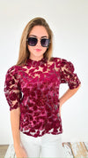 Sheer Lace Top- Burgundy-110 Short Sleeve Tops-pastel design-Coastal Bloom Boutique, find the trendiest versions of the popular styles and looks Located in Indialantic, FL