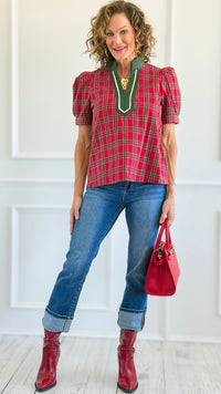 Checked Charm Puff Sleeve Top-110 Short Sleeve Tops-entro-Coastal Bloom Boutique, find the trendiest versions of the popular styles and looks Located in Indialantic, FL