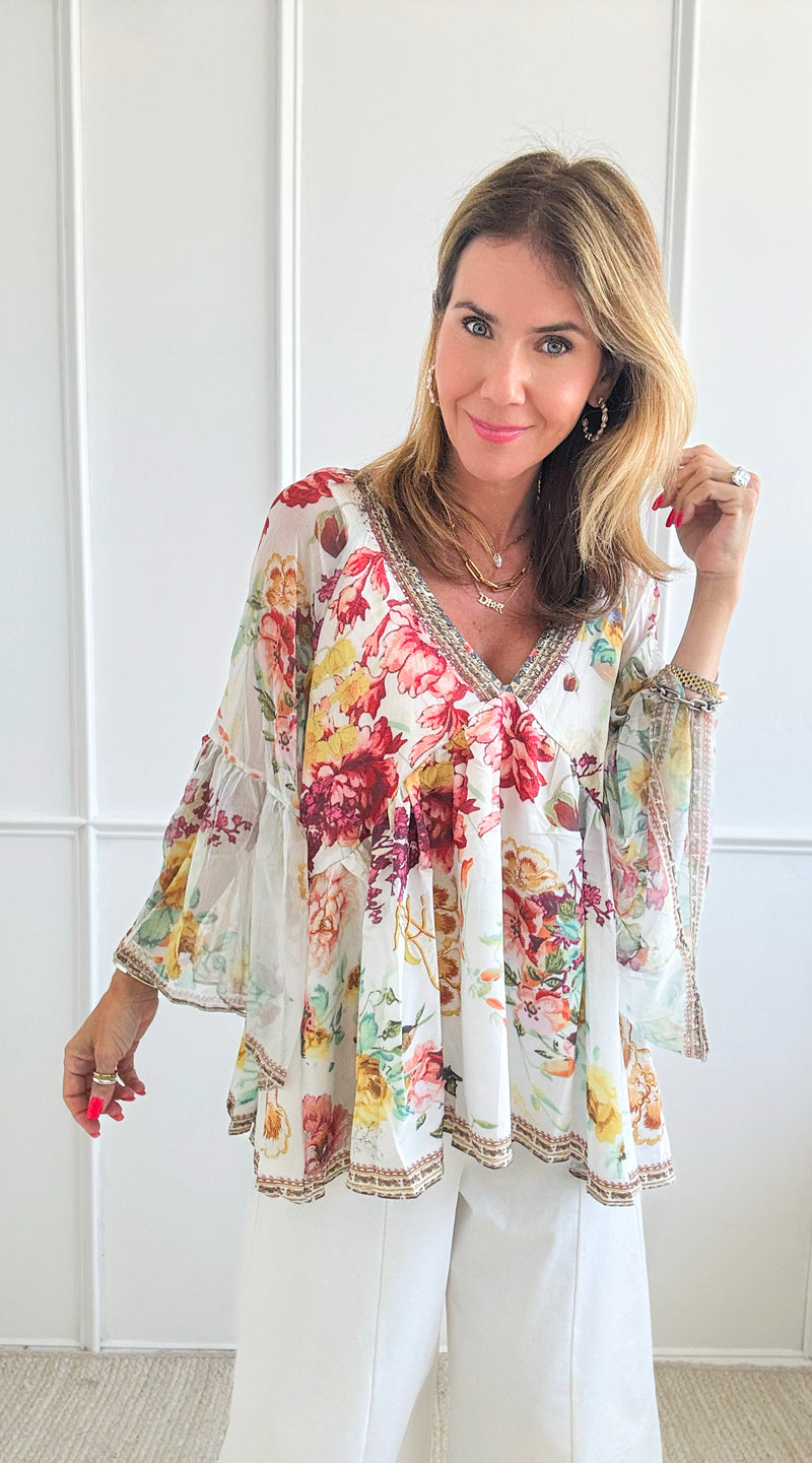 Floral Printed Embroidered Tunic Top-130 Long Sleeve Tops-LA ROS-Coastal Bloom Boutique, find the trendiest versions of the popular styles and looks Located in Indialantic, FL