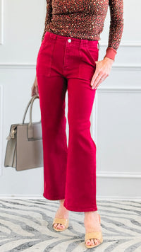 Coastal Breeze Ankle-Flare-Patch Pocket Jeans - Wine-190 Denim-Risen-Coastal Bloom Boutique, find the trendiest versions of the popular styles and looks Located in Indialantic, FL