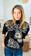 Sequin Blossom Italian Knit Sweater- Black-140 Sweaters-AZUL MONACO-Coastal Bloom Boutique, find the trendiest versions of the popular styles and looks Located in Indialantic, FL