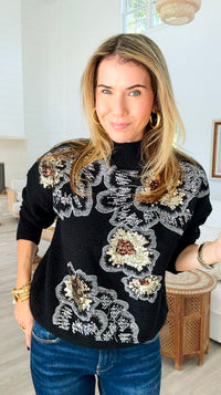 Sequin Blossom Italian Knit Sweater- Black-140 Sweaters-AZUL MONACO-Coastal Bloom Boutique, find the trendiest versions of the popular styles and looks Located in Indialantic, FL