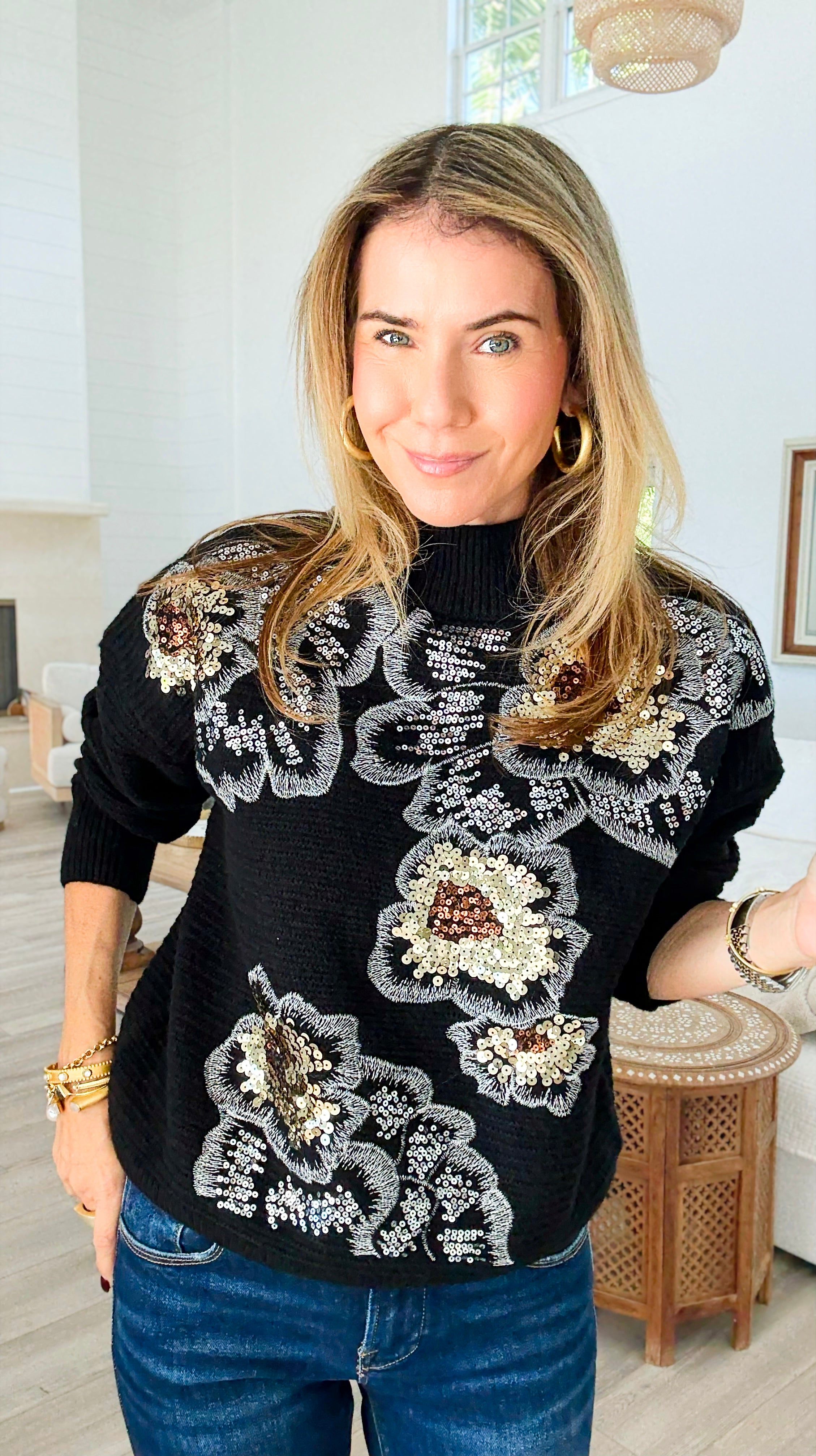 Sequin Blossom Italian Knit Sweater- Black-140 Sweaters-AZUL MONACO-Coastal Bloom Boutique, find the trendiest versions of the popular styles and looks Located in Indialantic, FL