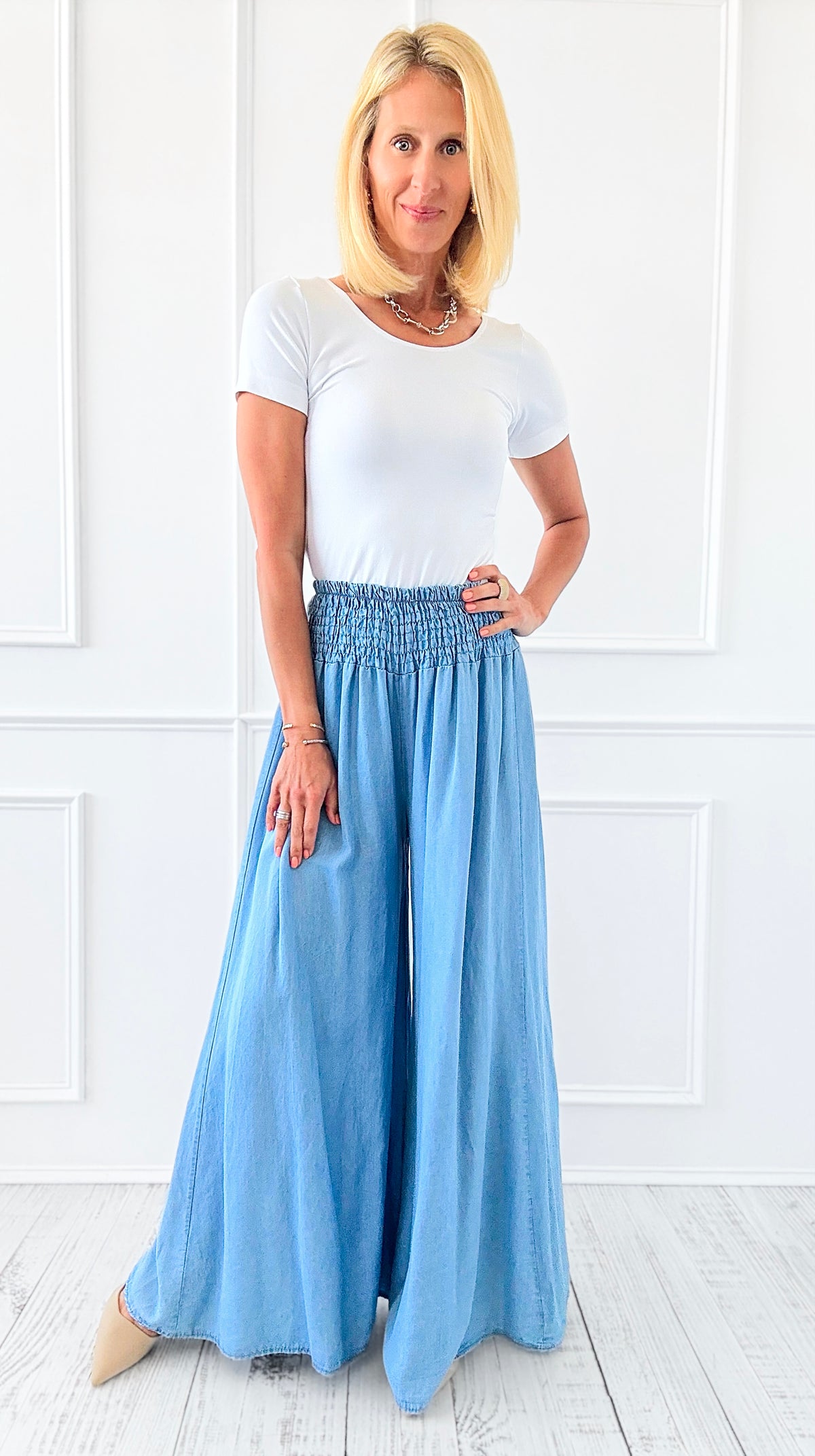 Denim Breezy Italian Palazzo Pant-100 Pants-Italianissimo-Coastal Bloom Boutique, find the trendiest versions of the popular styles and looks Located in Indialantic, FL