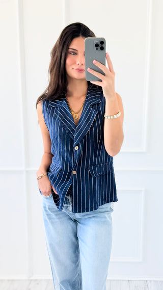 Casual Lines Italian Linen Vest- Navy/White