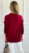 Polished Collar Knit Polo Top - Burgundy-130 Long Sleeve Tops-ROUSSEAU-Coastal Bloom Boutique, find the trendiest versions of the popular styles and looks Located in Indialantic, FL