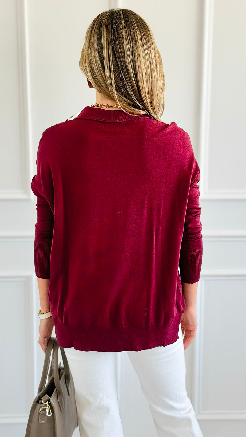 Polished Collar Knit Polo Top - Burgundy-130 Long Sleeve Tops-ROUSSEAU-Coastal Bloom Boutique, find the trendiest versions of the popular styles and looks Located in Indialantic, FL