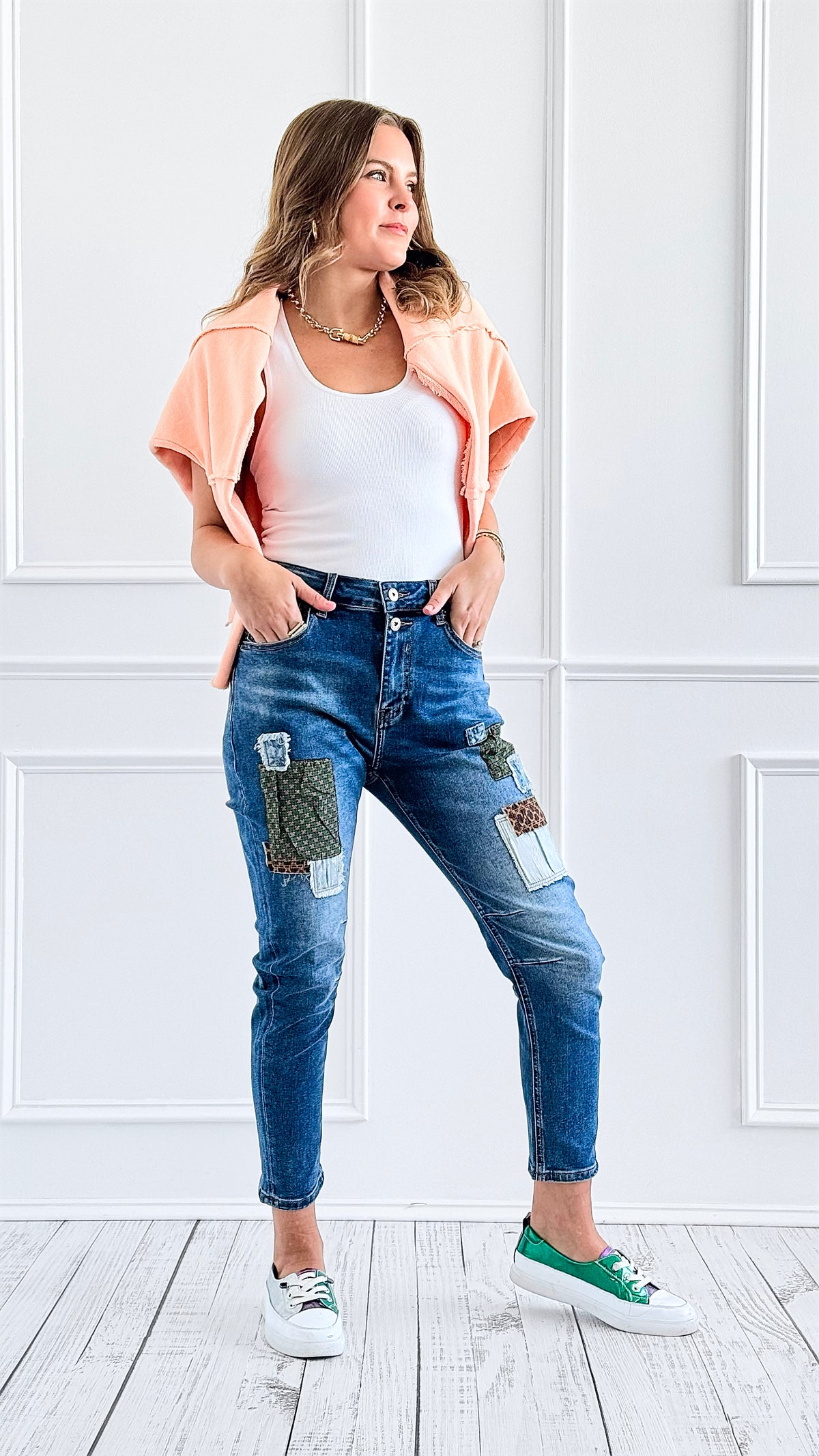 Patchwork Cropped Denim Pants-170 Bottoms-VENTI6 OUTLET-Coastal Bloom Boutique, find the trendiest versions of the popular styles and looks Located in Indialantic, FL