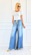 Drawstring Wide-Leg Frayed Hem Pants-190 Denim-DOE AND RAE-Coastal Bloom Boutique, find the trendiest versions of the popular styles and looks Located in Indialantic, FL