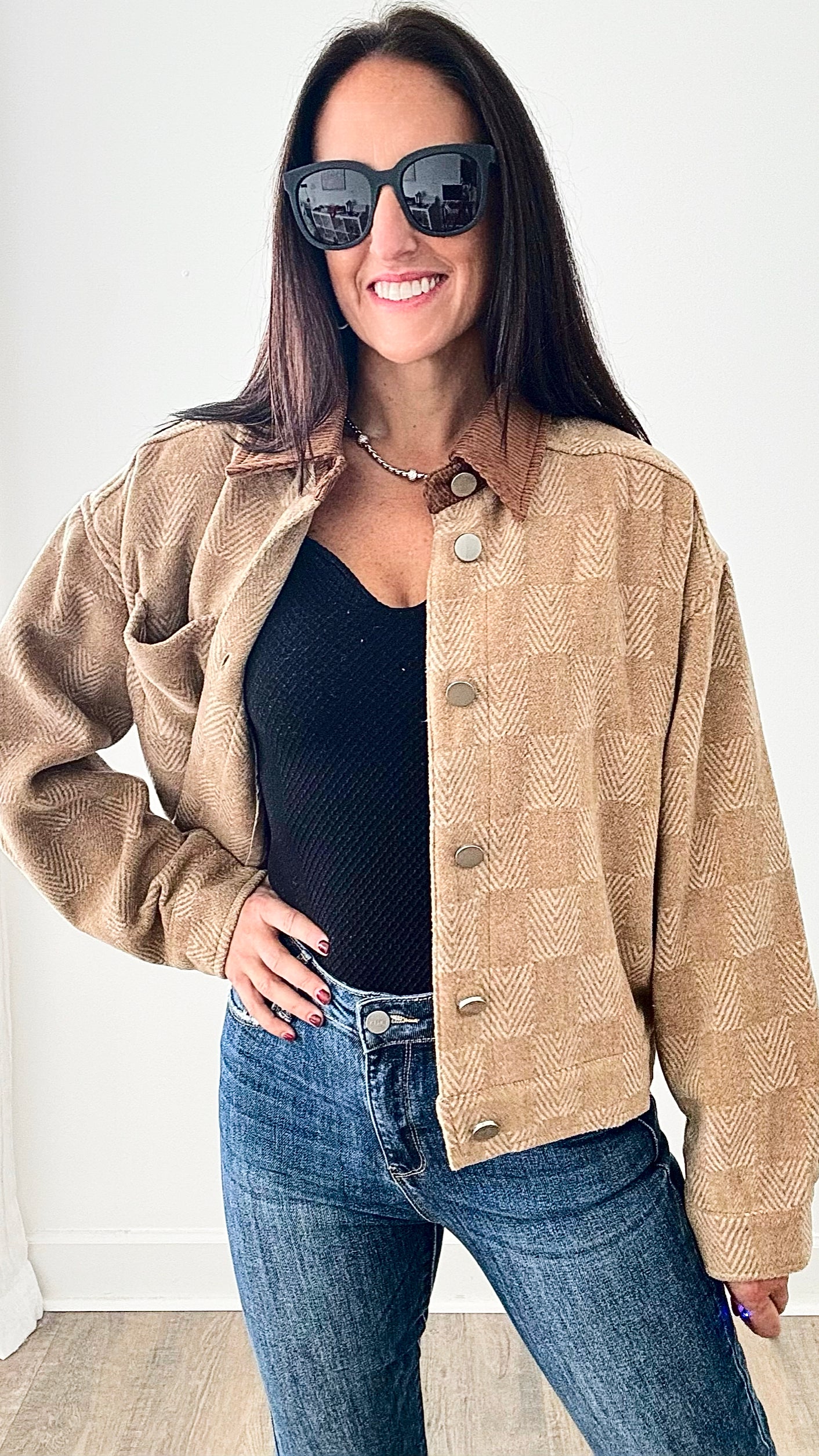 Plaid Collared Jacket- Tan/Camel-160 Jackets-Rousseau-Coastal Bloom Boutique, find the trendiest versions of the popular styles and looks Located in Indialantic, FL