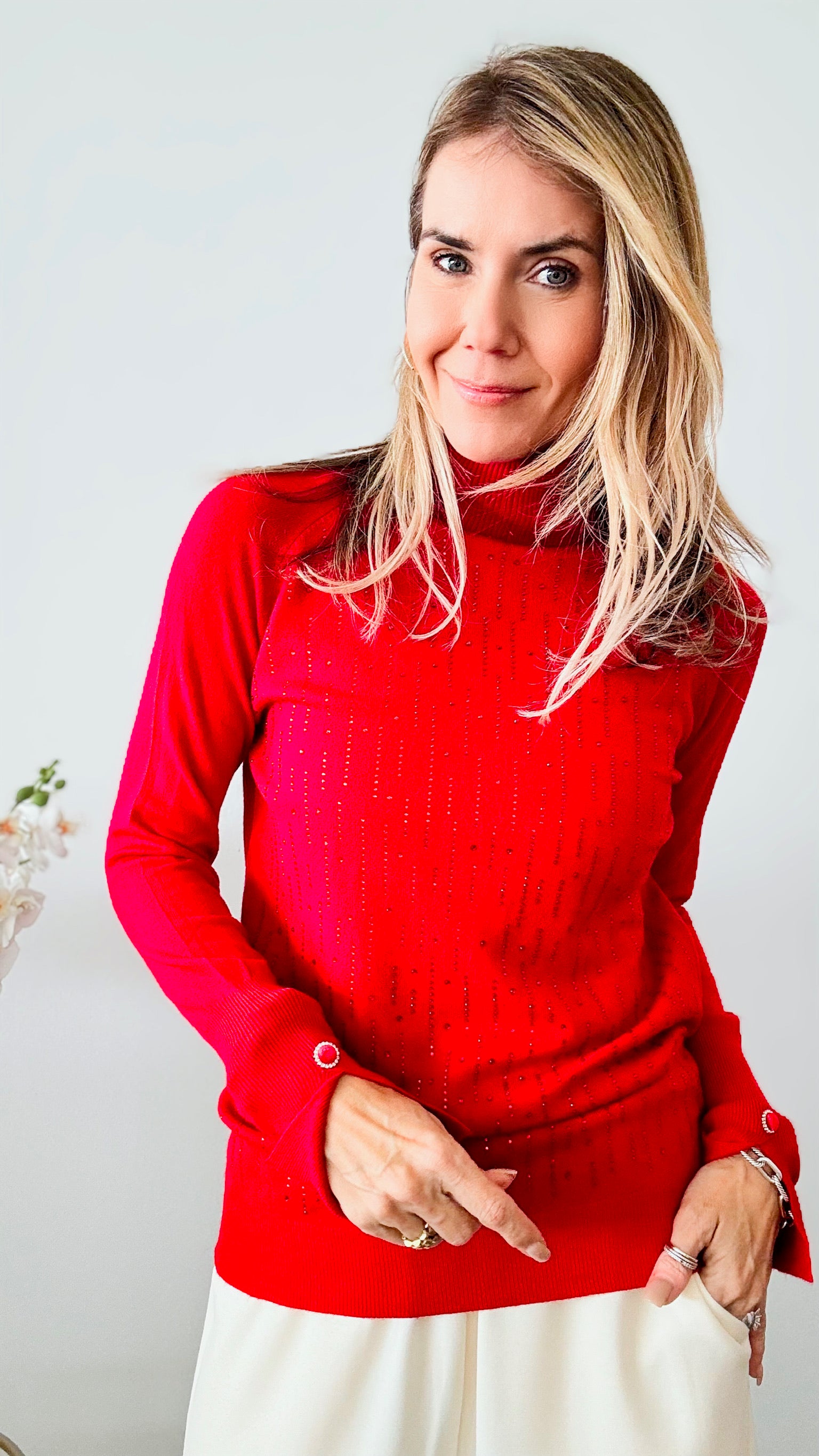 Shimmer Turtleneck CZ Sweater - Red-130 Long Sleeve Tops-IN2YOU-Coastal Bloom Boutique, find the trendiest versions of the popular styles and looks Located in Indialantic, FL