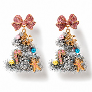 Glitter Bow Christmas Tree Dangle Earrings