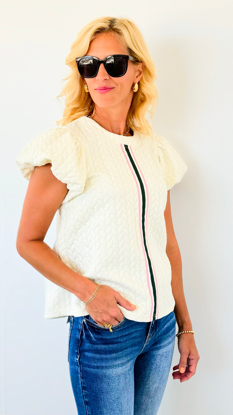 Textured Front Stripped Top - Ivory-110 Short Sleeve Tops-VOY-Coastal Bloom Boutique, find the trendiest versions of the popular styles and looks Located in Indialantic, FL