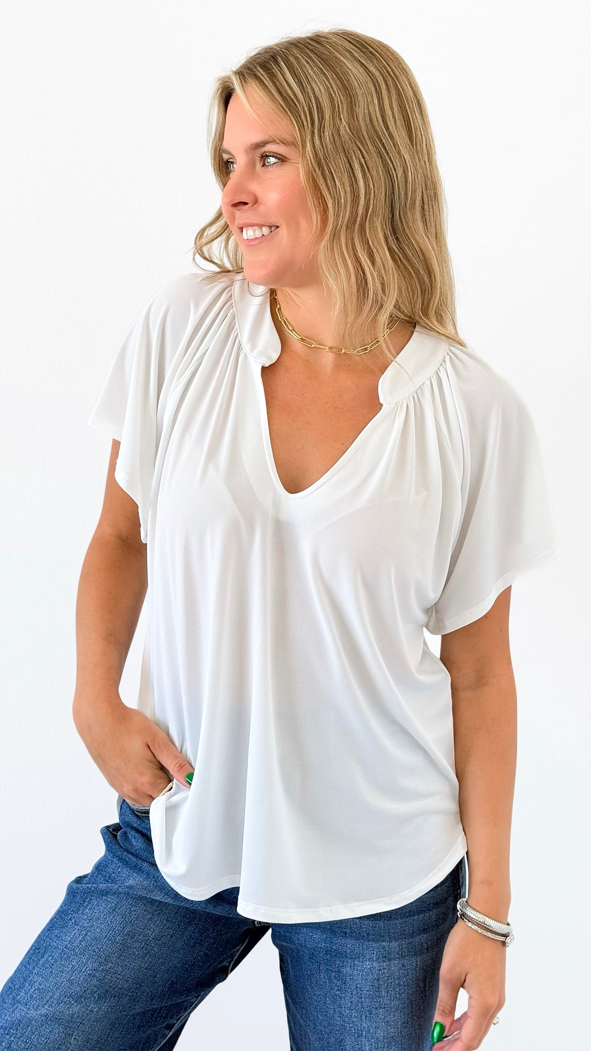 Flutter Away Pleated Top - Ivory-110 Short Sleeve Tops-Ariella-Coastal Bloom Boutique, find the trendiest versions of the popular styles and looks Located in Indialantic, FL