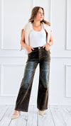 Velvet Wide-Leg Denim Pants - Brown-170 Bottoms-JJ'S FAIRYLAND-Coastal Bloom Boutique, find the trendiest versions of the popular styles and looks Located in Indialantic, FL