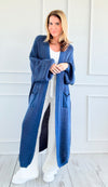 Sugar High Long Italian Cardigan- Denim Blue-150 Cardigans/Layers-Italianissimo-Coastal Bloom Boutique, find the trendiest versions of the popular styles and looks Located in Indialantic, FL