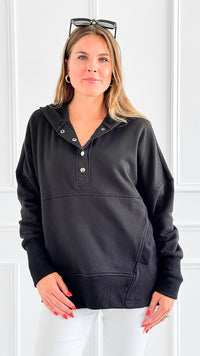 Cozy Button-Front Hoodied Sweatshirt - Black-130 Long Sleeve Tops-Zenana-Coastal Bloom Boutique, find the trendiest versions of the popular styles and looks Located in Indialantic, FL