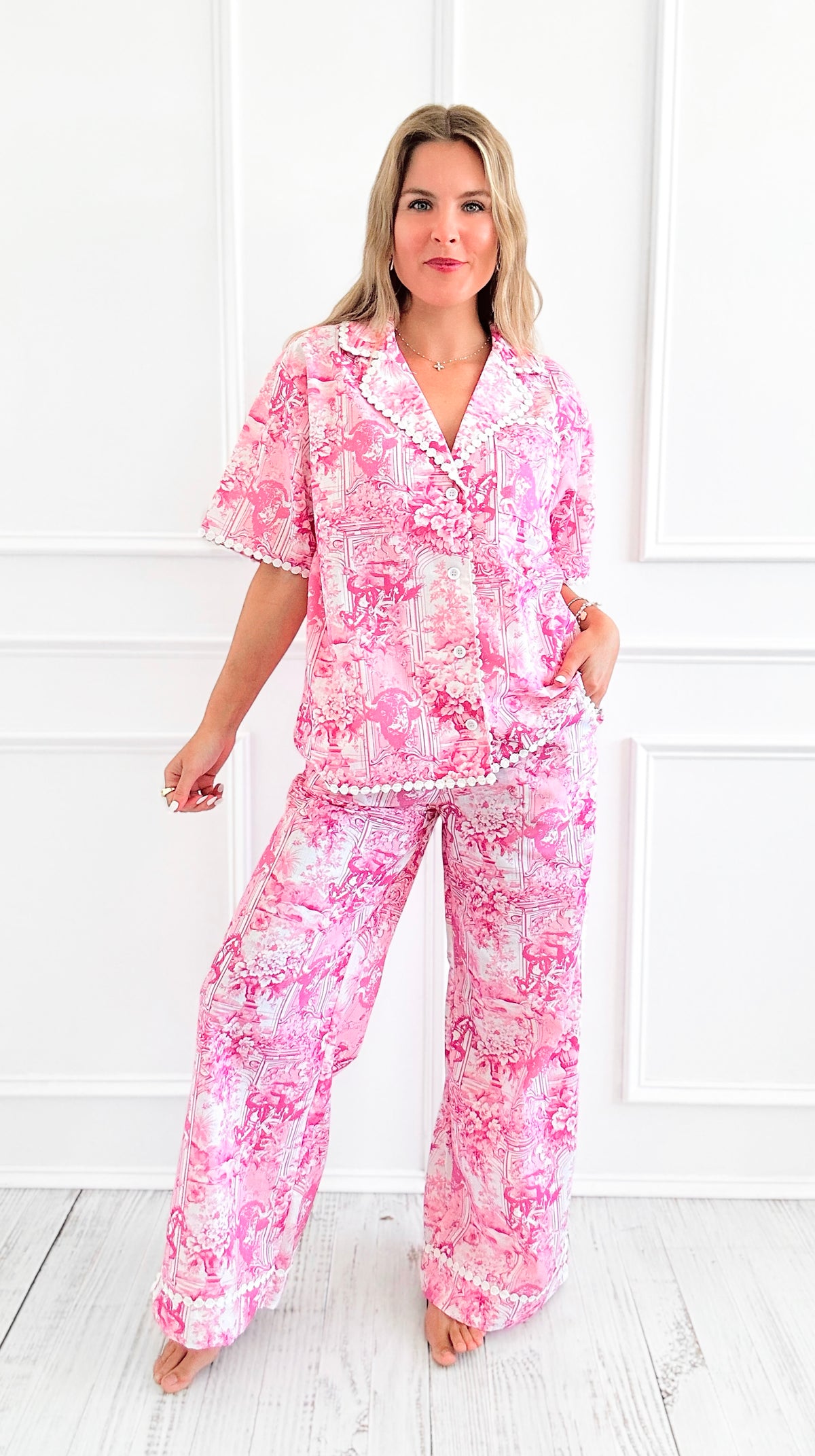 Print Pajama Set with Trim-210 Loungewear/Sets-Fantastic Fawn-Coastal Bloom Boutique, find the trendiest versions of the popular styles and looks Located in Indialantic, FL