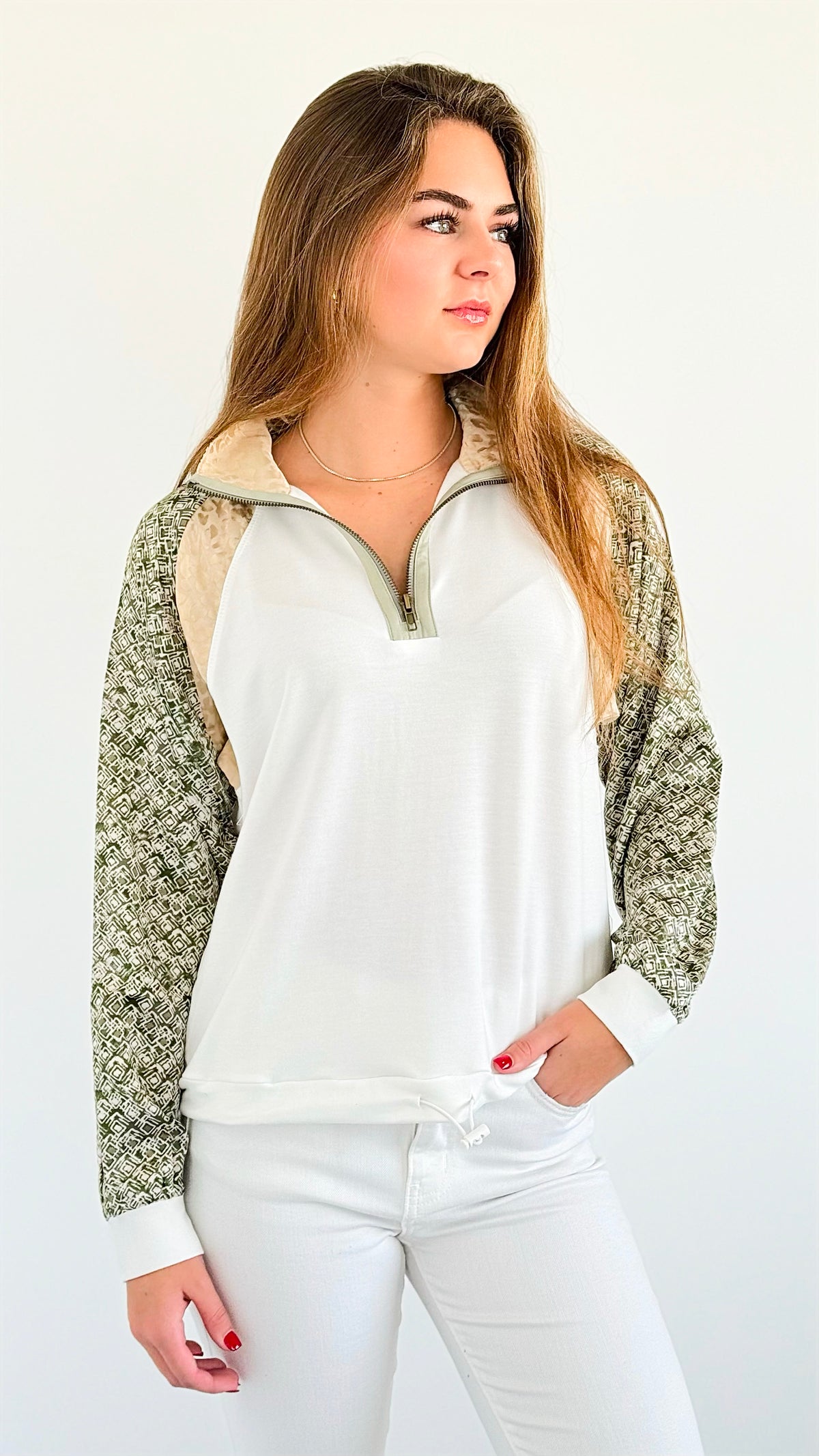 Patchwork Charm Quarter-Zip Sweatshirt-130 Long Sleeve Tops-mystree-Coastal Bloom Boutique, find the trendiest versions of the popular styles and looks Located in Indialantic, FL