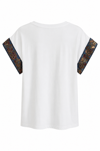 Embellished Sleeve Italian Crew Neck Tee - Blue