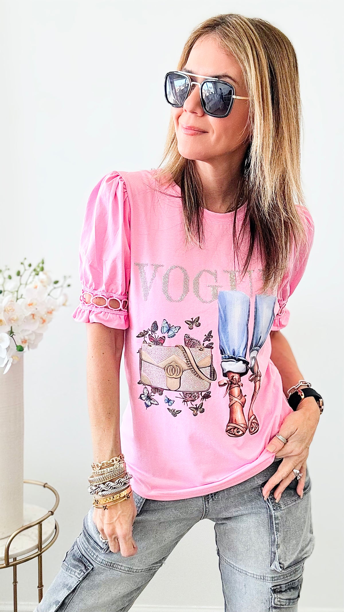 Vogue Moment Embellished Graphic Top - Pink-110 Short Sleeve Tops-IN2YOU-Coastal Bloom Boutique, find the trendiest versions of the popular styles and looks Located in Indialantic, FL