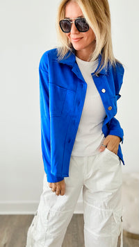 Italian Faux Suede Collared Jacket - Roya Blue-160 Jackets-VENTI6 OUTLET-Coastal Bloom Boutique, find the trendiest versions of the popular styles and looks Located in Indialantic, FL