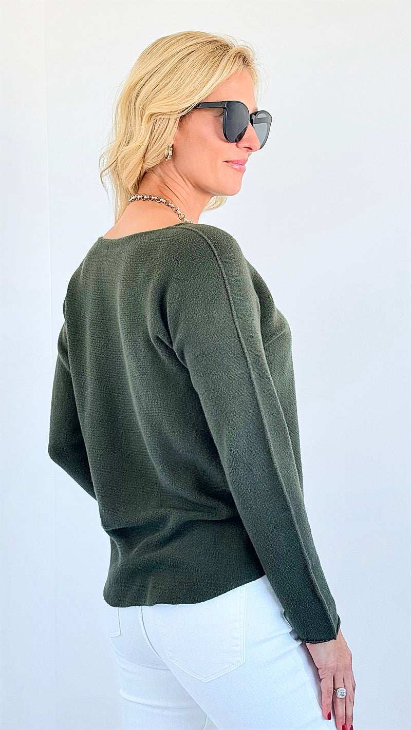 Soho Italian V-Neck Pullover - Olive-140 Sweaters-Italianissimo-Coastal Bloom Boutique, find the trendiest versions of the popular styles and looks Located in Indialantic, FL