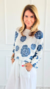 Noir Petals Short Sleeve Italian St Tropez Knit- Blue-140 Sweaters-Italianissimo-Coastal Bloom Boutique, find the trendiest versions of the popular styles and looks Located in Indialantic, FL