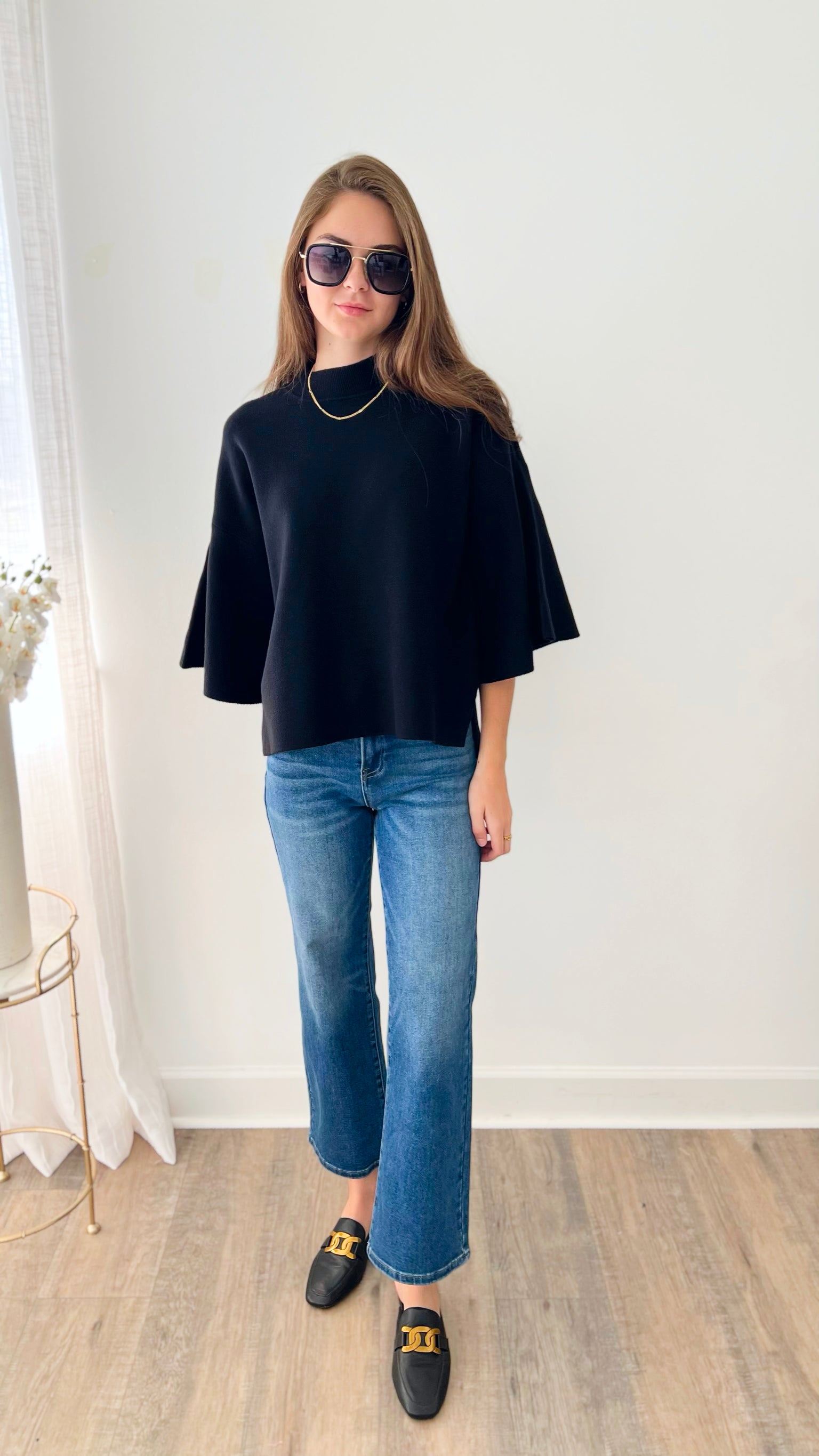 Bell Sleeve Sweater- Black-140 Sweaters-Zenana-Coastal Bloom Boutique, find the trendiest versions of the popular styles and looks Located in Indialantic, FL