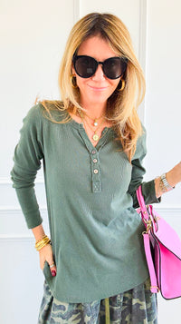 Italian Rib V-Neck Henley Top-Olive-110 Long Sleeve Tops-FATTURA ACCOMPAGNATORIA-Coastal Bloom Boutique, find the trendiest versions of the popular styles and looks Located in Indialantic, FL