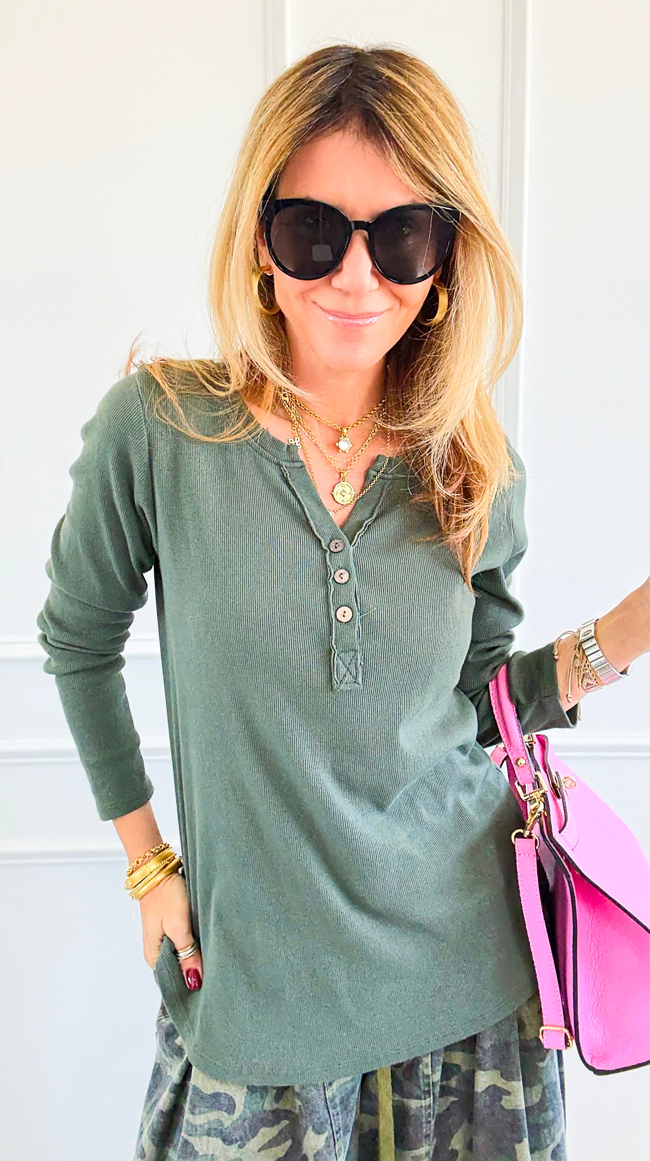 Italian Rib V-Neck Henley Top-Olive-110 Long Sleeve Tops-FATTURA ACCOMPAGNATORIA-Coastal Bloom Boutique, find the trendiest versions of the popular styles and looks Located in Indialantic, FL